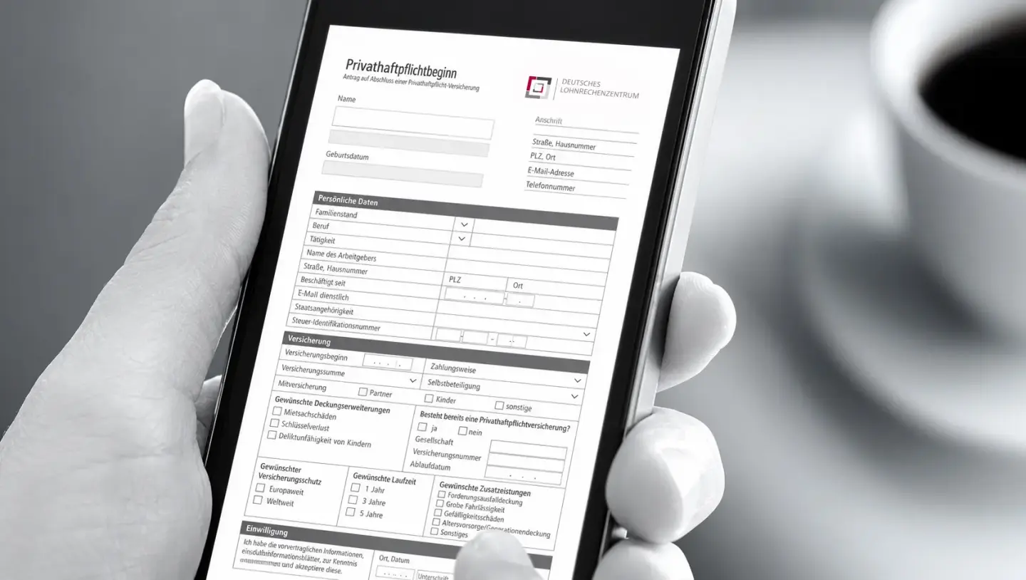 Personalfragebogen des Deutschen Lohnrechenzentrums auf einem Smartphone zum digitalen Download.